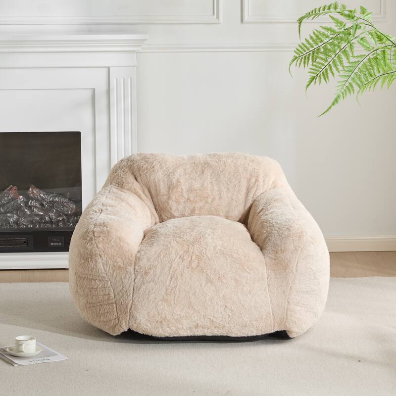 Roomfitters Auch Indoor Armchair Style Bean Bag with Tall Backrest, Shredded Foam Fill, Beige Faux Fur