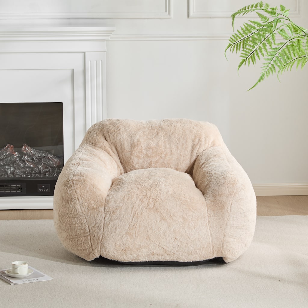 Roomfitters Auch Indoor Armchair Style Bean Bag with Tall Backrest, Shredded Foam Fill, Beige Faux Fur