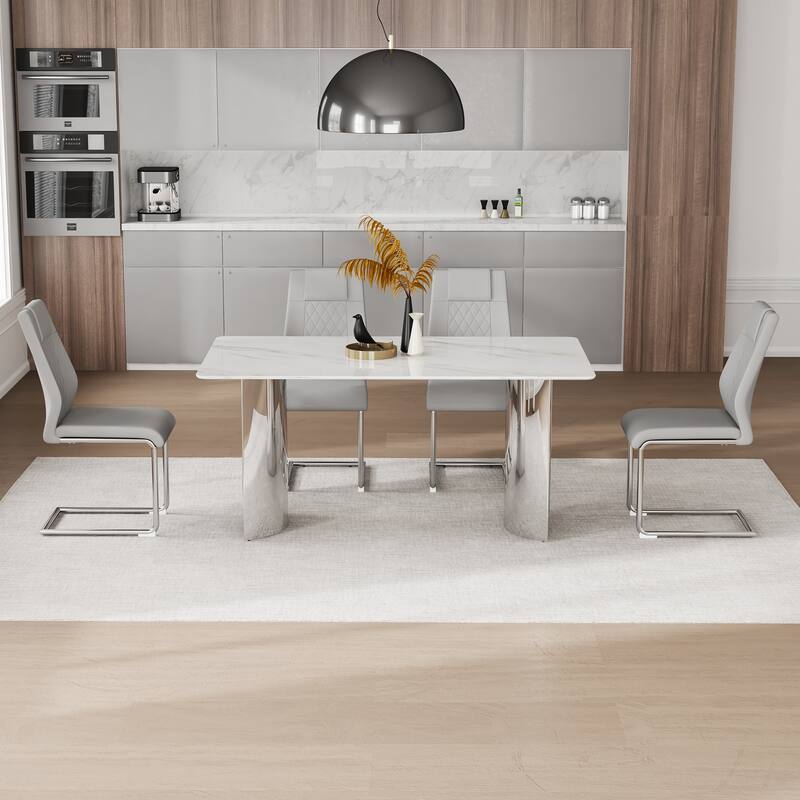 Kitchen Rectangle Dining Table Set for 4, 63" Faux Marble Glass Table with Stainless Steel Legs and PU Upholstered Chairs