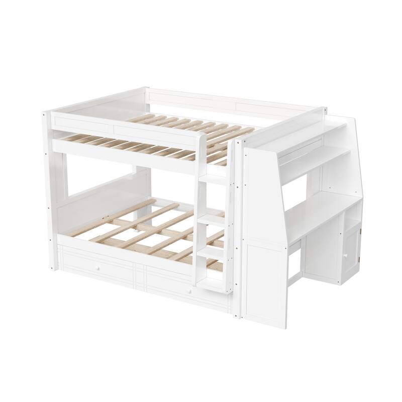 Full Size Multifunctional Bunk Bed Frame with Bookshelves, Desk and Cabinet, Optional with Pull-out Drawers or Trundle Bed