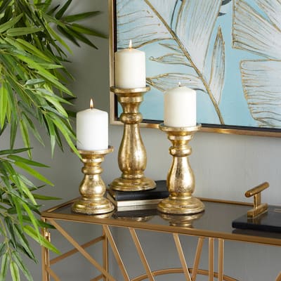 Mango Wood Turned Style Pillar Candle Holder (Set of 3) - Black, White or Gold - S/3 10", 8", 6"H