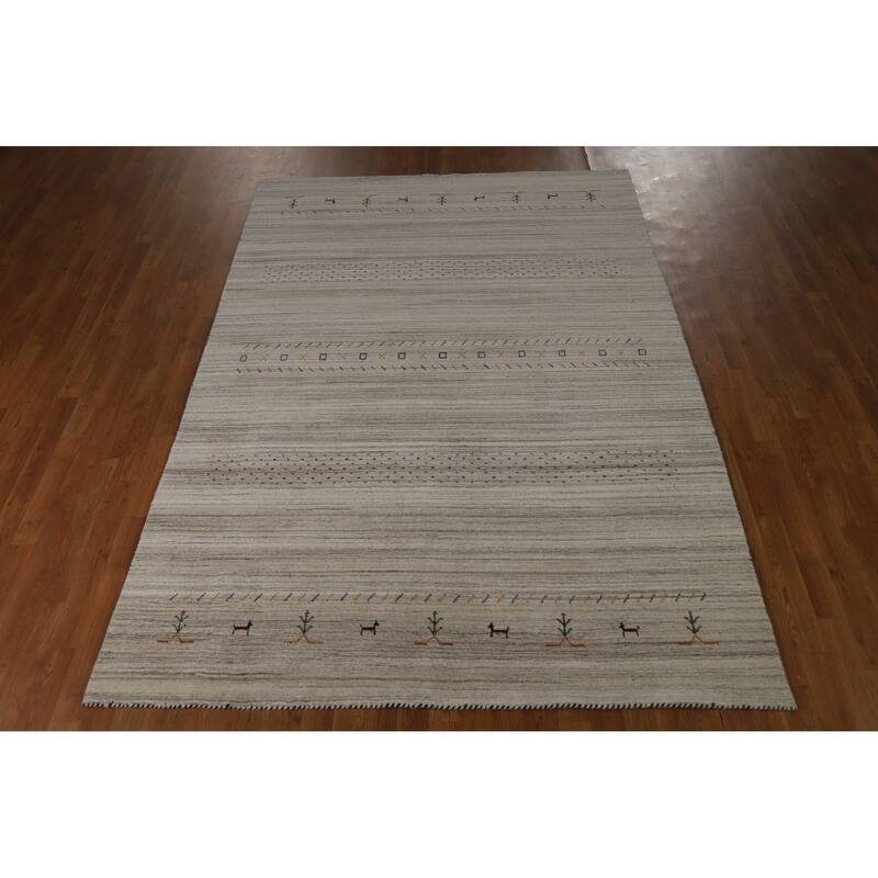 Hand Knotted Oriental 100% Wool Carpet Tribal Animal Pictorial Greys & Charcoal Gabbeh Area Rug - 8' 10'' X 6' 1''