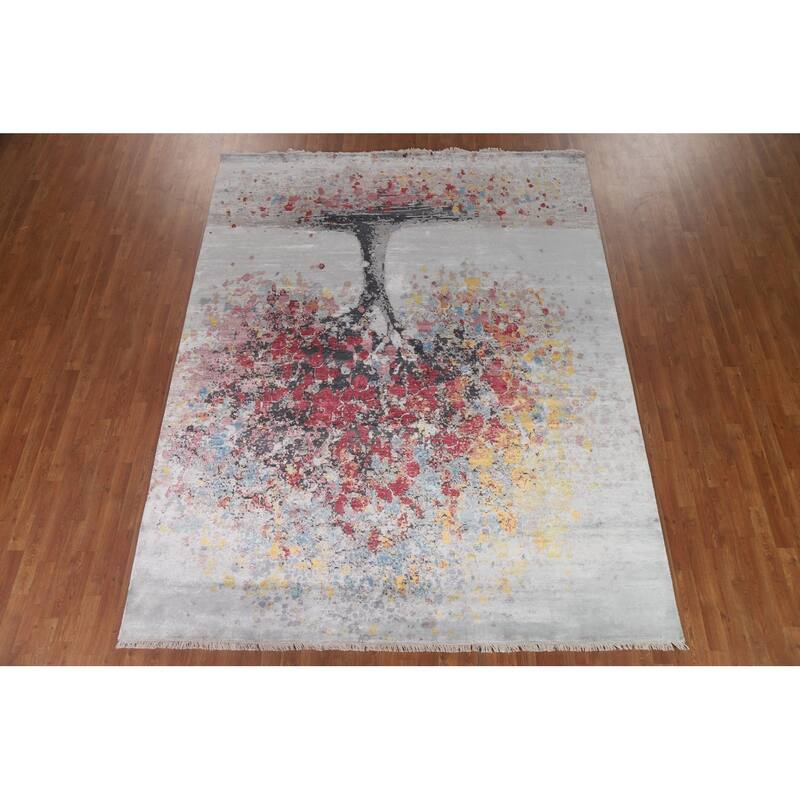 Hand Knotted Oriental 100% Silk Carpet Modern Floral Greys & Charcoal Abstract Area Rug - 10' 3'' X 8' 0''