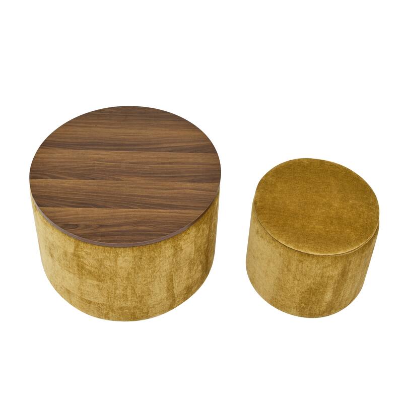 Roomfitters 2-Piece Round Chenille Storage Ottoman Set with Drum-Shaped Stool and MDF Top, Hidden Compartment
