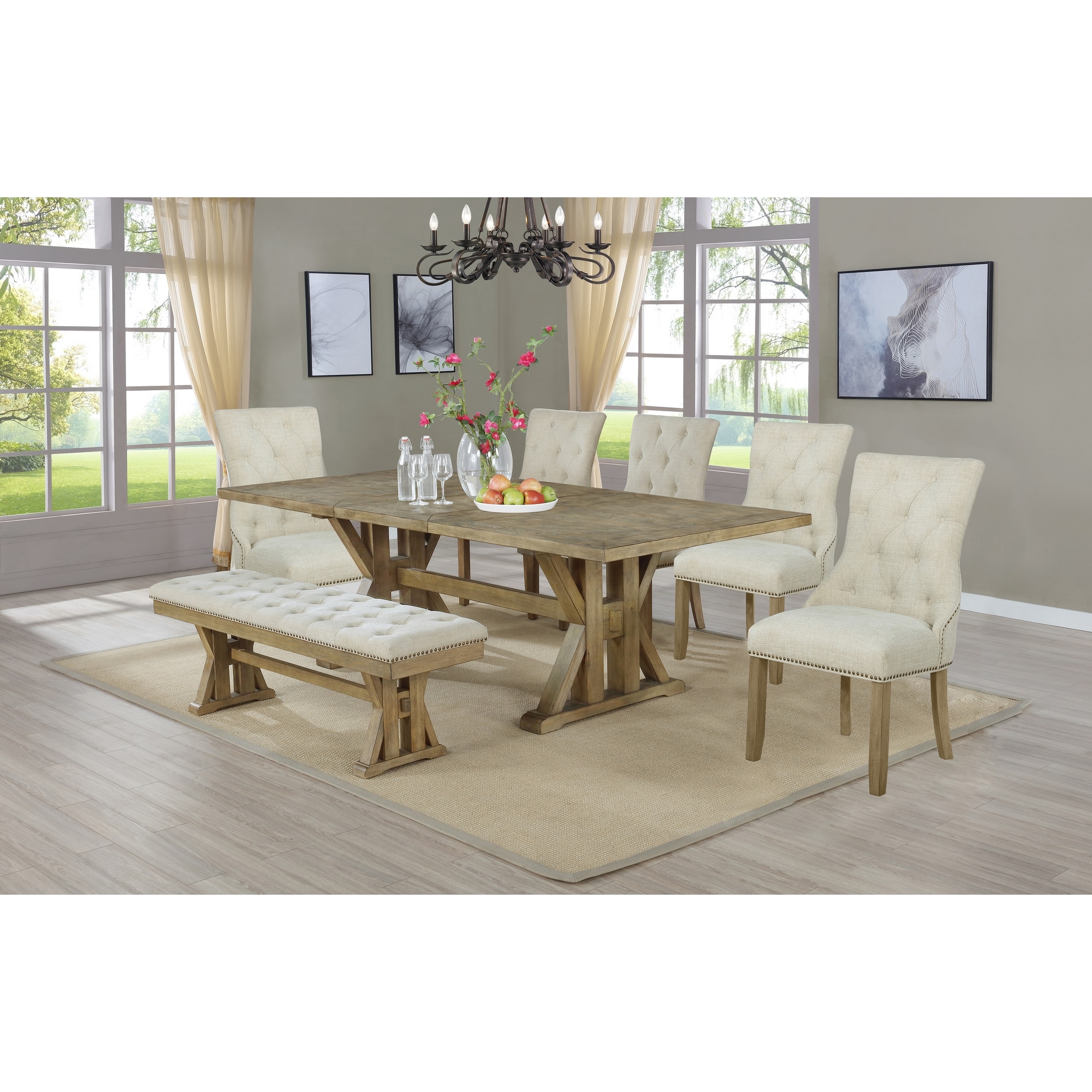 Best Quality Furniture Rustic Style 7 Piece Dining Set With Bench