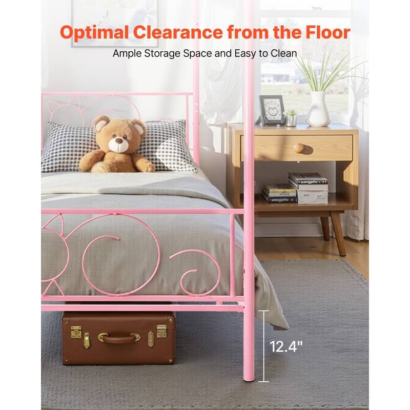 Pink Twin Canopy Bed Frame Metal Sturdy Four-Post Design with Under-Bed Storage Space