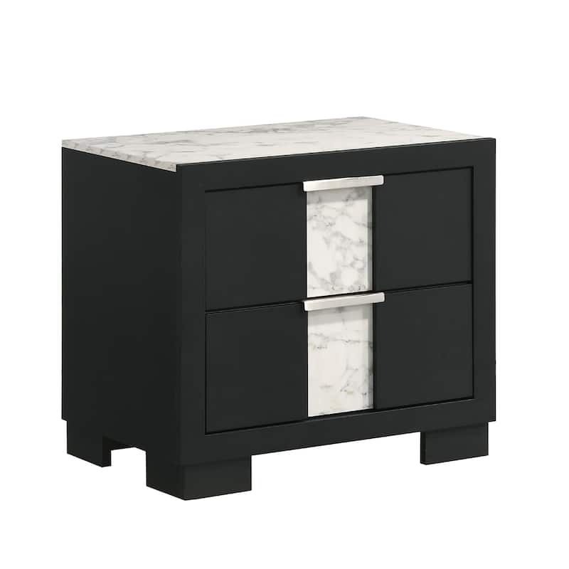 Amey 2 Drawer Nightstand, White Marble Trim, Black Wood