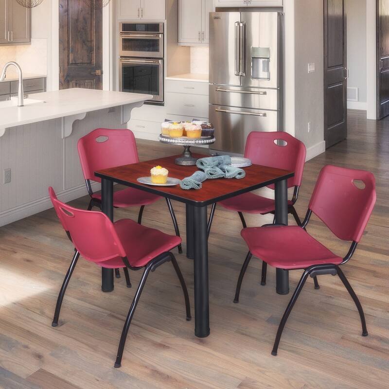 36 in. Square Breakroom Table- Cherry/ Black & 4 'M' Stack Chairs- Burgundy