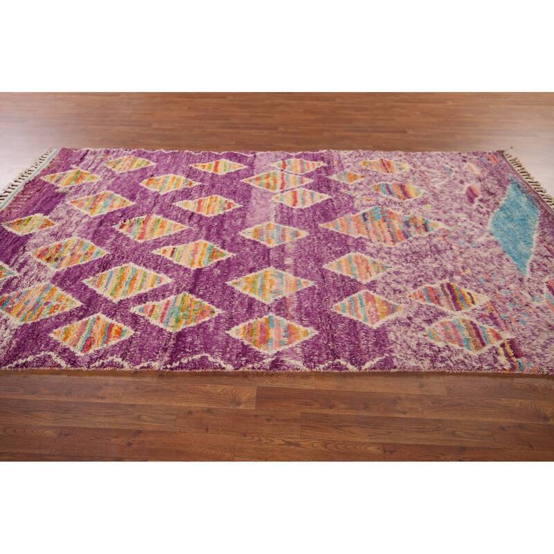 Geometric Purple Moroccan Abstract Area Rug Hand-Knotted Wool Carpet - 5'8"x 10'3"