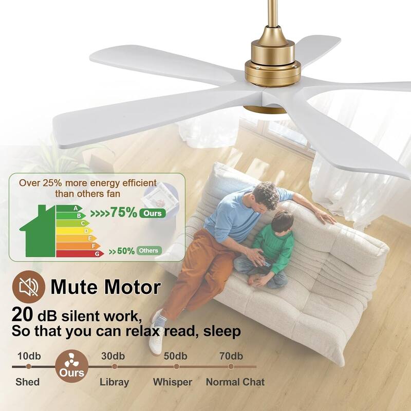 42/52 Inch Ceiling Fan,Electric Fan with Lights & Remote Control,Dimmable 3-Color LED