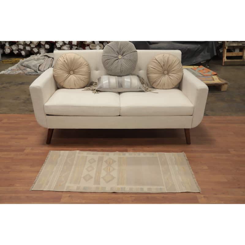 Hand Woven Oriental 100% Wool Carpet Southwestern Tribal Beige & Ivories Kilim Area Rug - 4' 2'' X 1' 10''