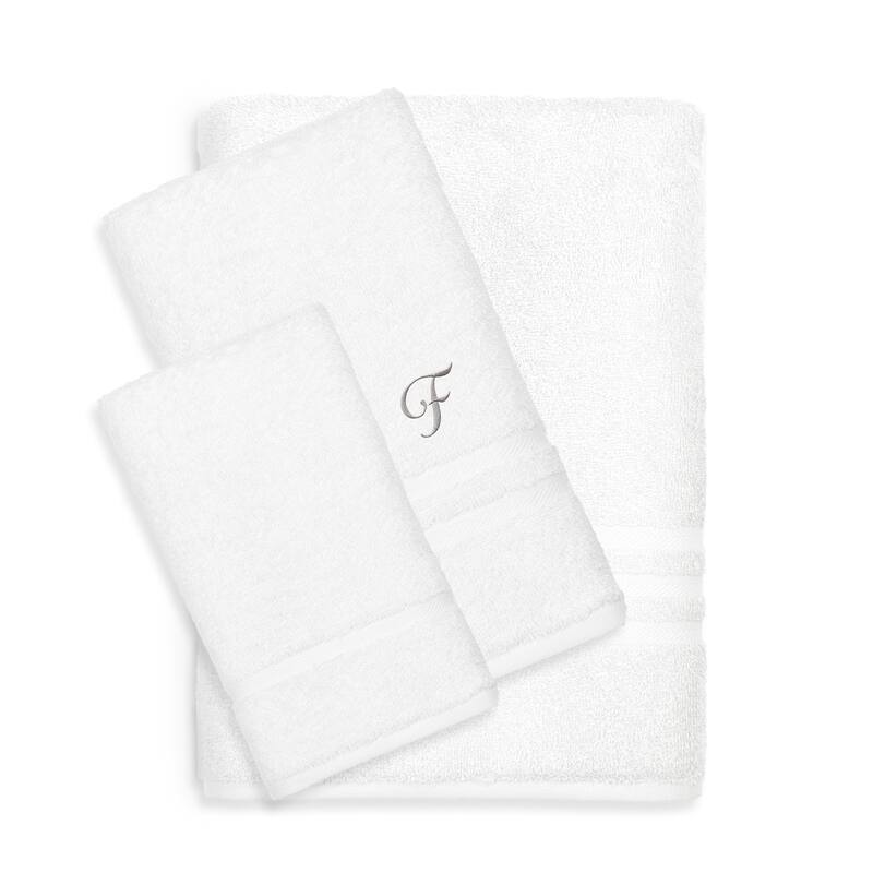 Authentic Hotel and Spa Omni Turkish Cotton Terry 3-piece White Bath Towel Set with Grey Script Monogrammed Initial - White/F