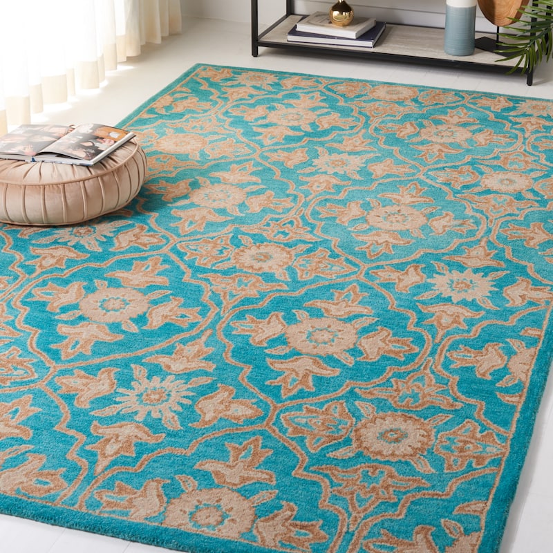 SAFAVIEH Handmade Heritage Peony Damask Traditional Oriental Wool Rug - 8' x 10' - Turquoise/Multi