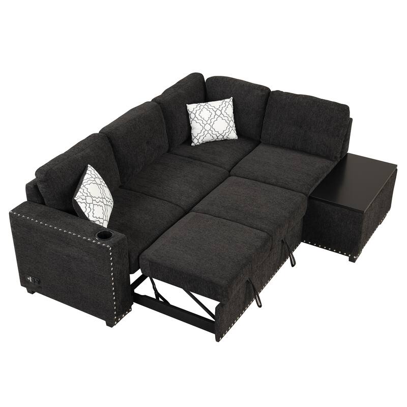 83.8" Pull-Out Sofa Bed with Storage Chaise, USB Ports, Power Outlets, and Cup Holders for Living Room