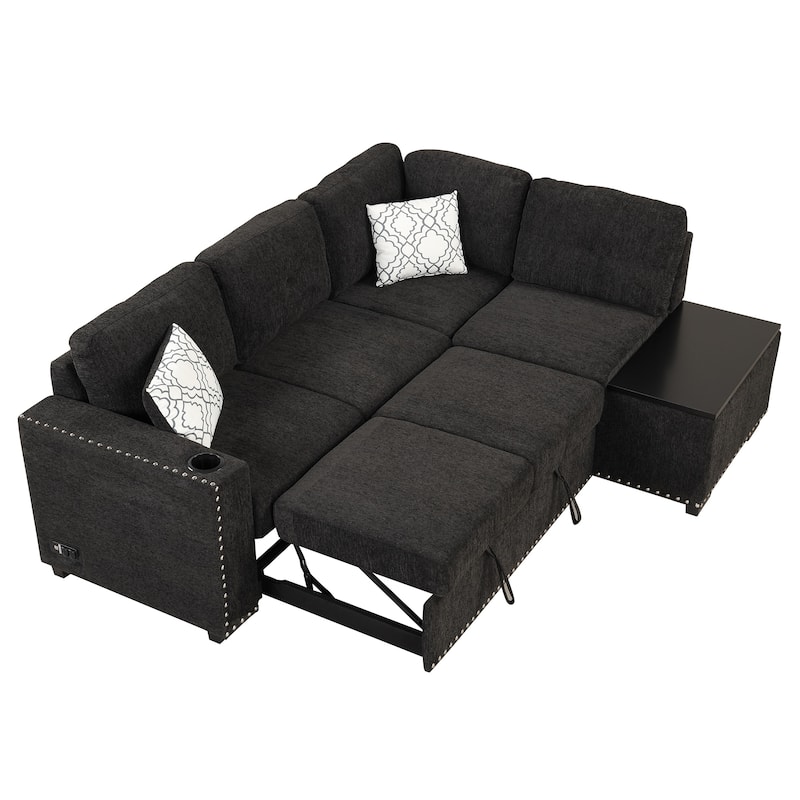 Pull-Out Sofa Bed L-Shape Sectional Sofa, Linen Deep Seat Sofa with Adjustable Headrest, Wireless Charging and Cup Holders