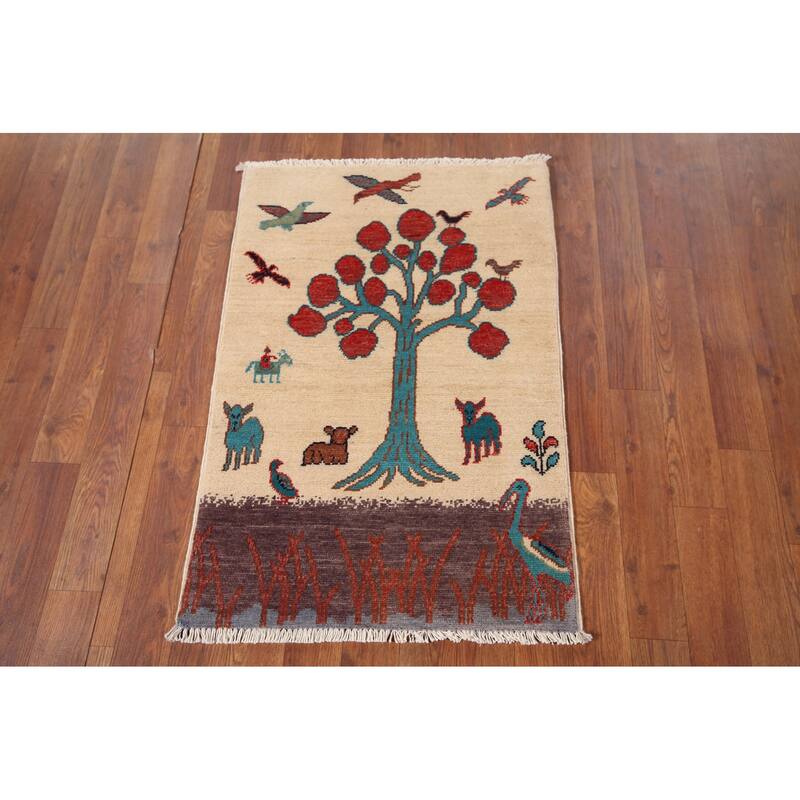 Animals Design Ziegler Foyer Rug Handmade Beige Wool Carpet - 2'0" x 2'11"