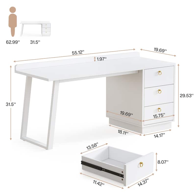 55"White Computer Desk with 3 Drawers, Large Home Office Desk