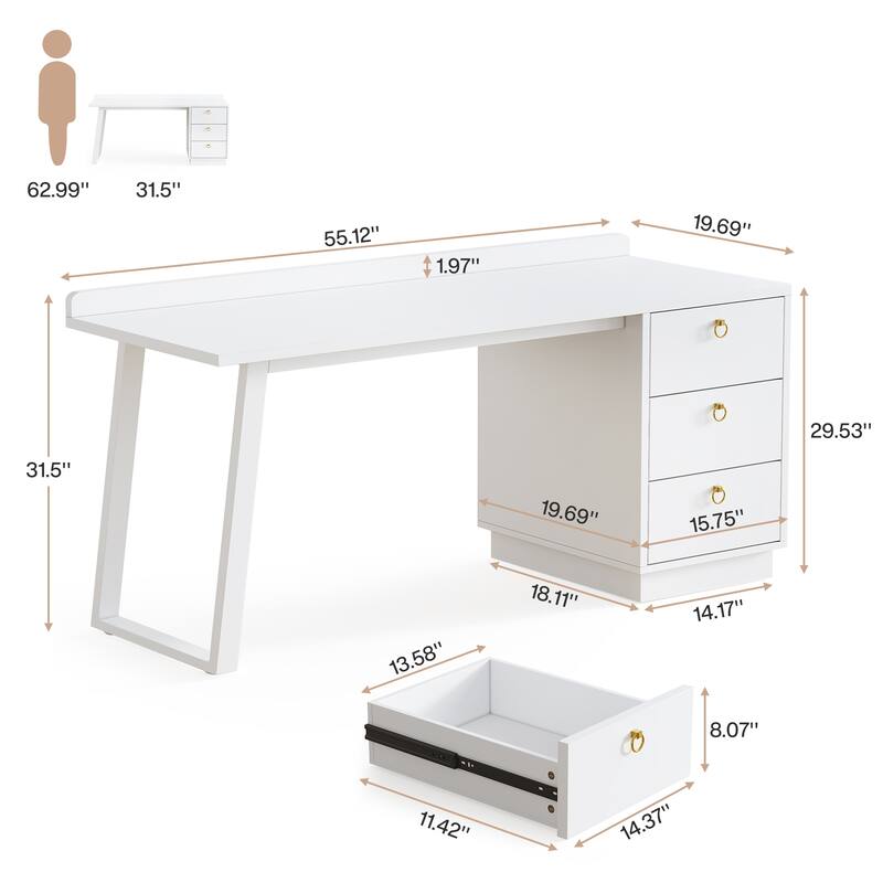 White Computer Desk with 3-Drawer, Wood Table for Work with Storage