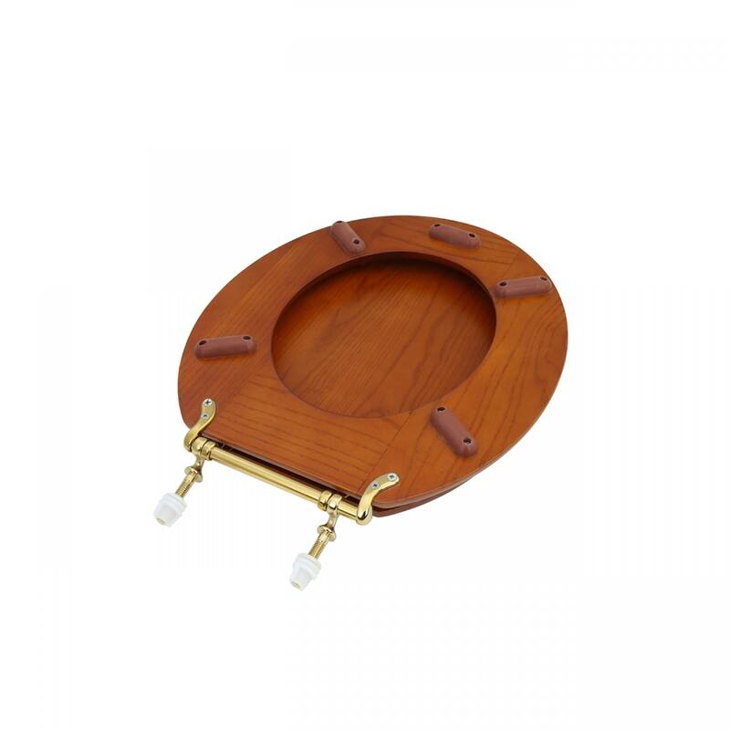Light Mahogany Wooden Round Toilet Seat with Brass PVD Hinges and Non Slip Bumper - Chocolate
