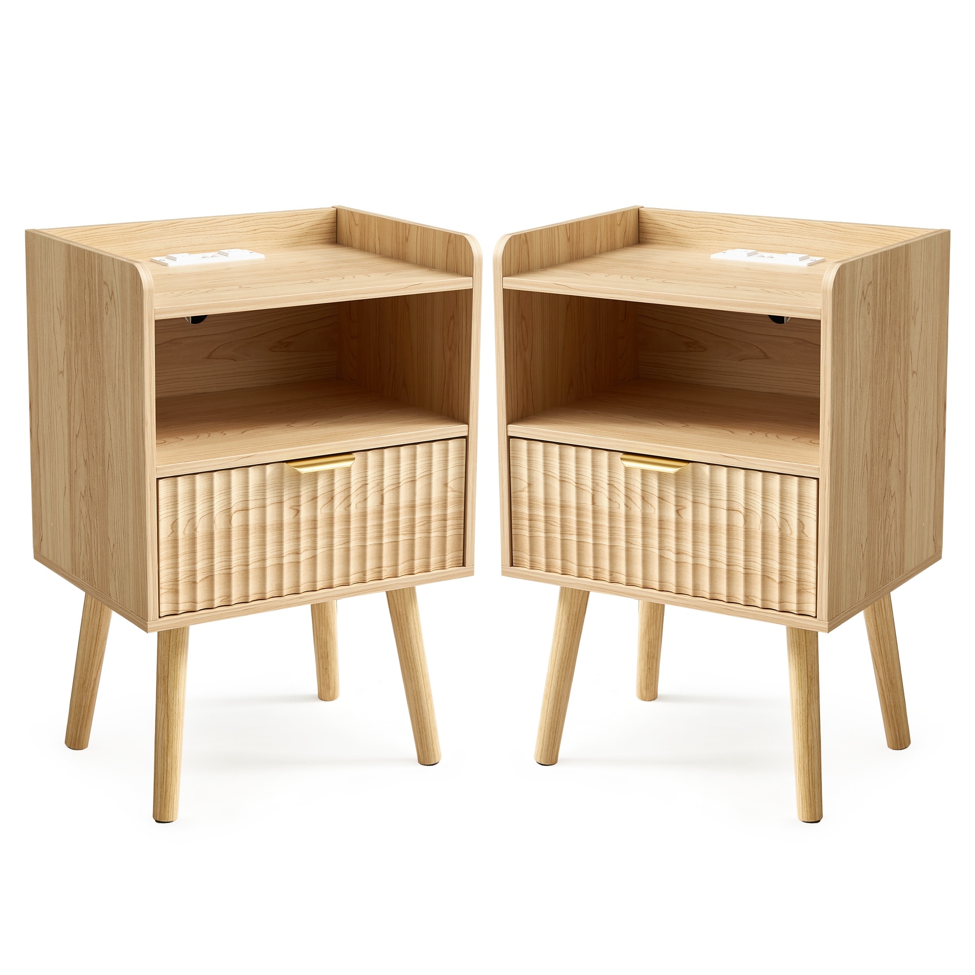 EROMMY Fluted Nightstand Set of 2 with Charging Station & USB Ports, Modern Bedside Table with Drawer and Shelf
