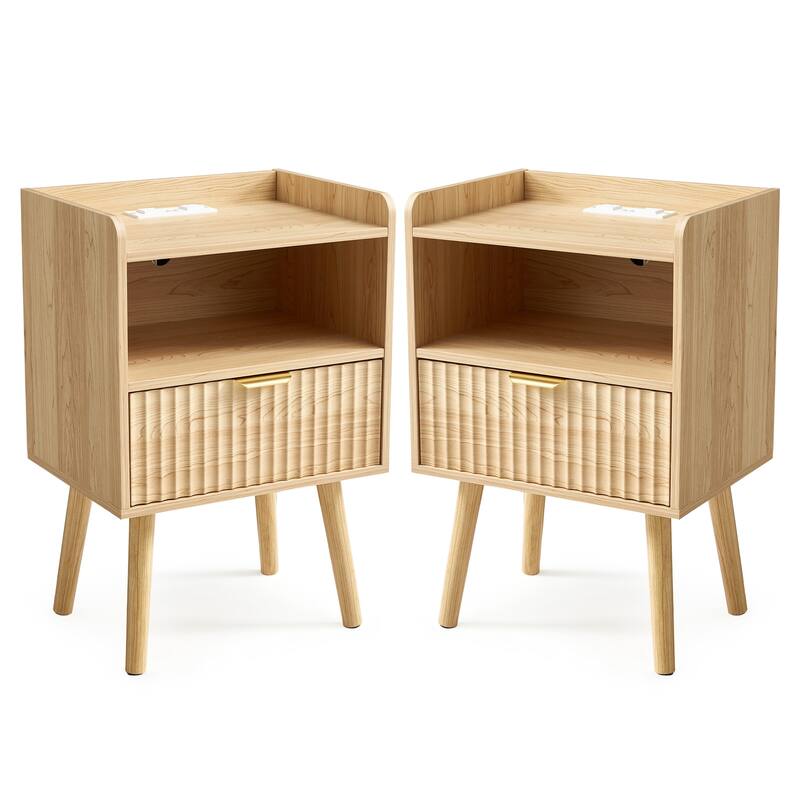 Modern Fluted Nightstand Set of 2 with USB Charging Station, Drawer and Open Storage Shelf