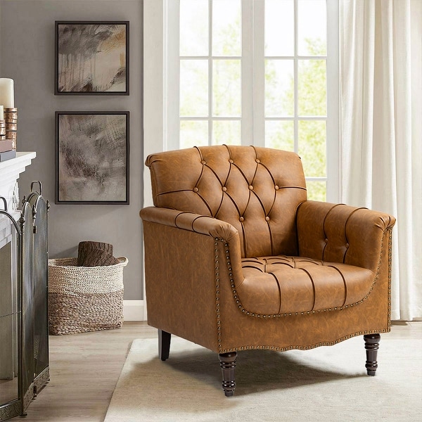 PU Leather Tufted Accent Chair with Nailhead Trim Armchair - On