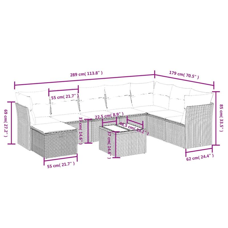 vidaXL Patio Sofa Set with Cushions Outdoor Conversation Furniture Poly Rattan - 24.4" x 24.4" x 27.2"