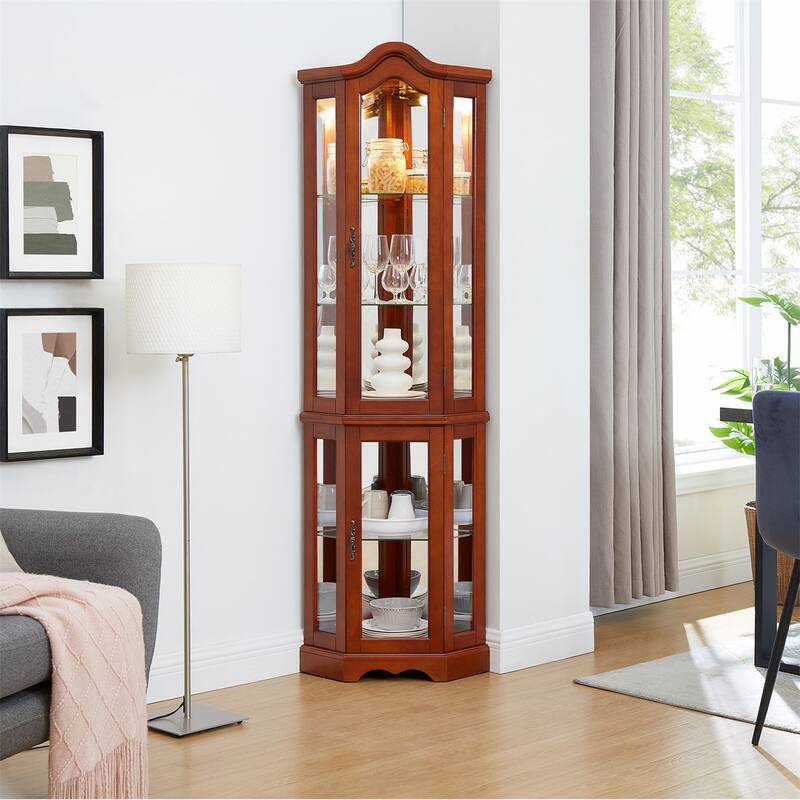 Walnut Corner Display Curio Cabinet with Glass Shelves (Bulb Not Included) - Walnut