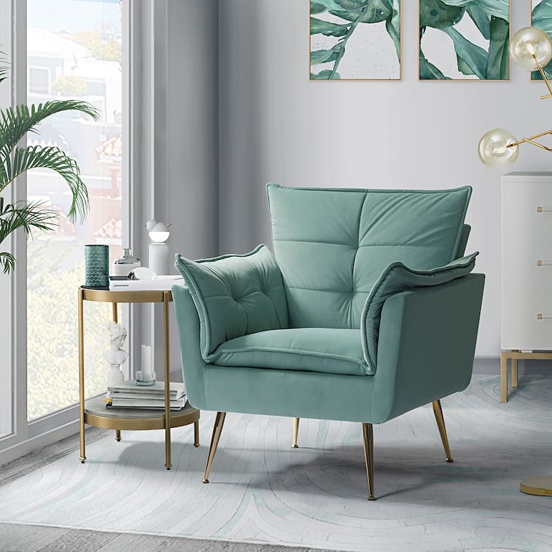 1ida Modern Velvet Tufted Padded Cushion Armchair with Golden Metal Legs by HULALA HOME - SAGE