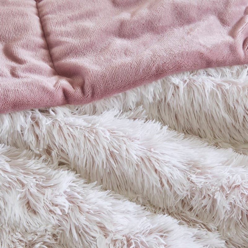3 PCS Full/Queen Shaggy Faux Fur Comforter Mini Set Pink/White