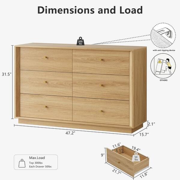47 Inch Mid Century Modern Dresser with 6 Drawers and Wood Grain ...