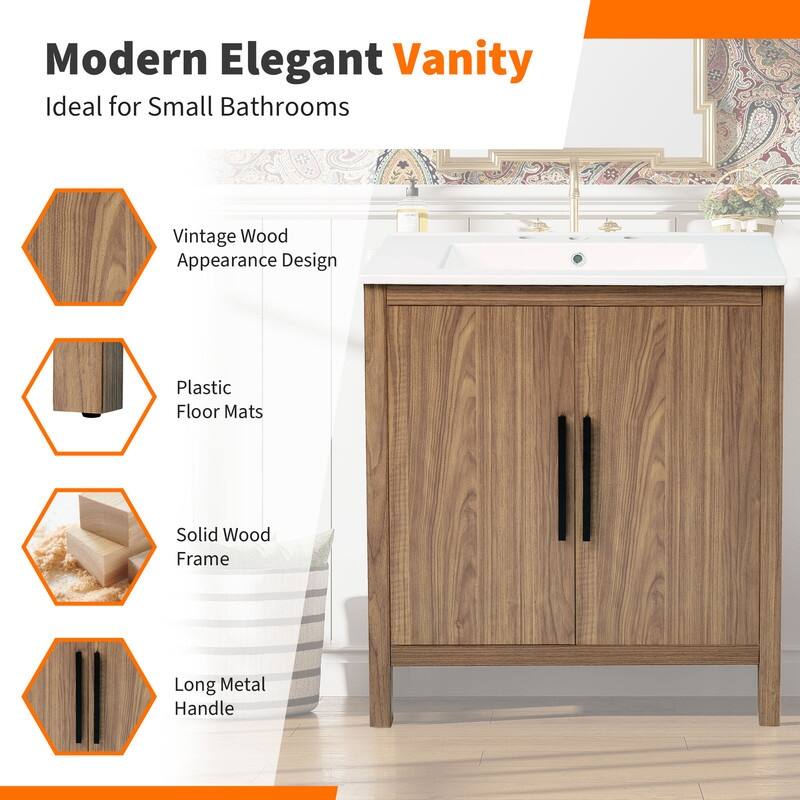 30" Wood Color Bathroom Vanity with Single Sink,Solid Wood Frame