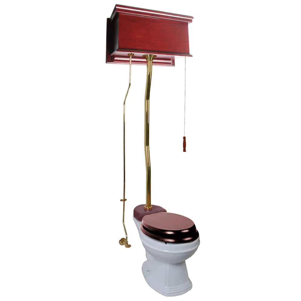 Cherry Wooden High Tank Toilet Flat Tank, Brass PVD Z Pipe and Elongated White Bowl