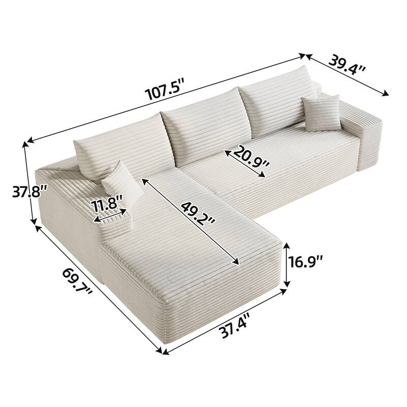 Cloud L-shaped Sectional Sofa with Chaise, Corduroy Upholstered Modular Deep Seat Couch with Pillows for Living Room