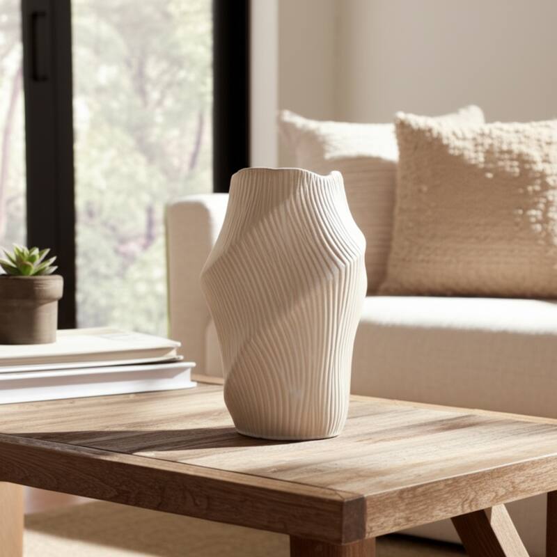 Ceramic Decorative Vase with Ribbed Texture Sculptural Hollow Design