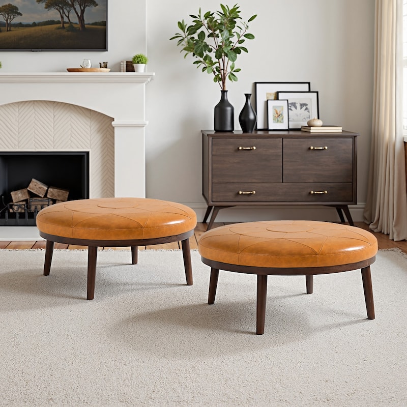34.5" W Full-Grain Genuine Italian Leather Ottoman Set of 2