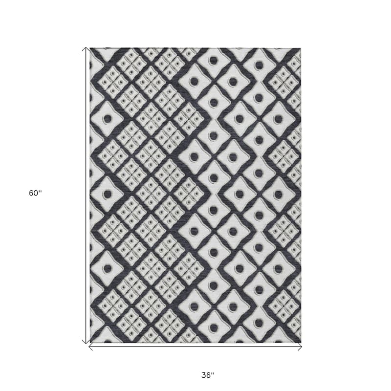 Black And Ivory Geometric Washable Indoor Outdoor Area Rug - 3' x 5'