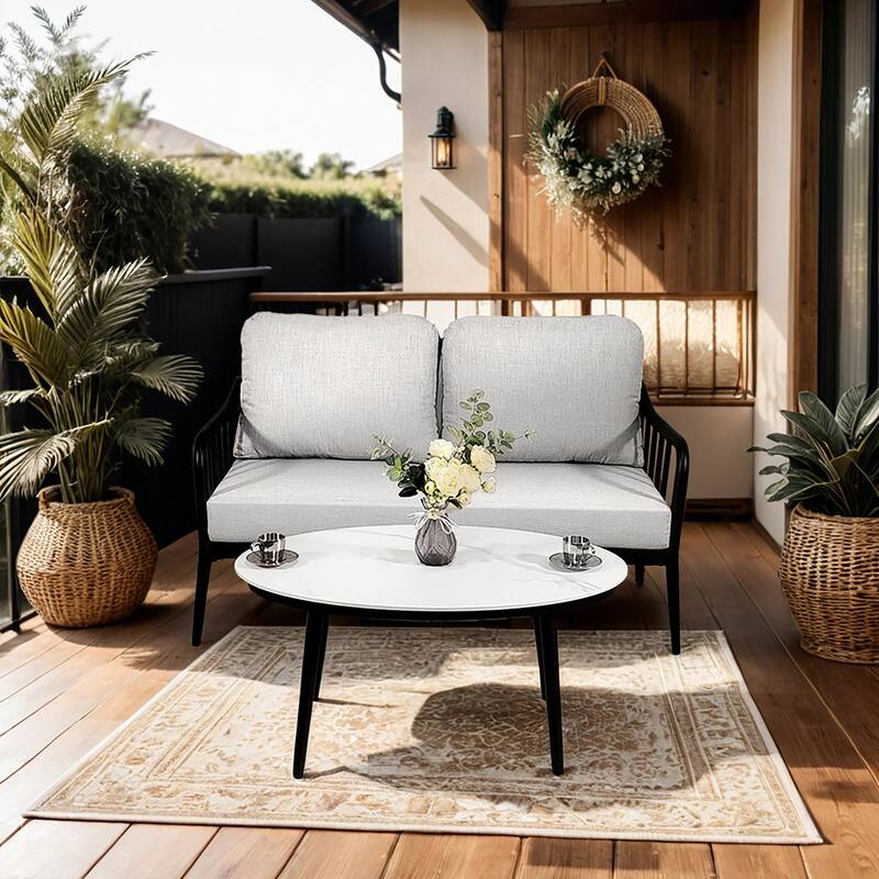 2-Piece Outdoor Loveseat & Table - Sunbrella Cushions, Carrara Stone-Look, Ember Black Frame - 29.9" D x 53.1" W x 30.9" H
