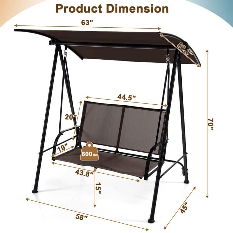 2-Seat Outdoor Canopy Swing with Comfortable Fabric Seat and Heavy-duty Metal Frame - 58" x 45" x 70"