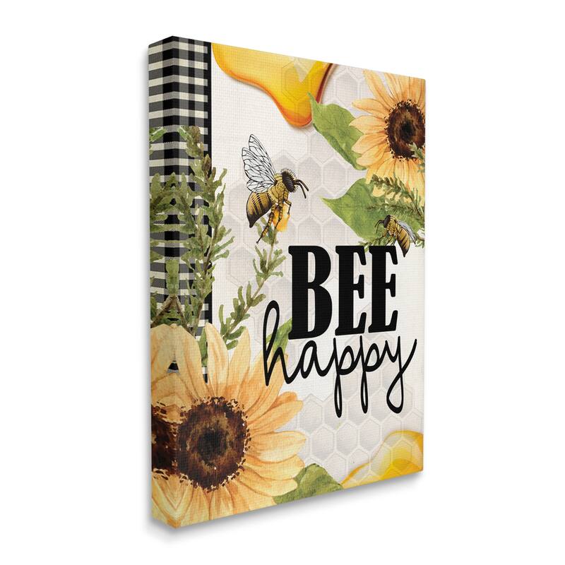 Stupell Bee Happy Sunflower Insect Hive Harvesting Honey Canvas Wall Art - Yellow