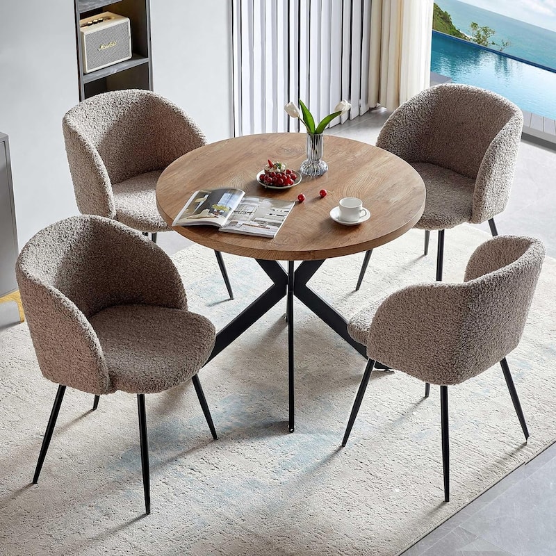 Howtai Round Dining Table Set with Fluffy Sherpa Arm Chairs Space Saving - 1*Table+4*Arm Chairs - Brown