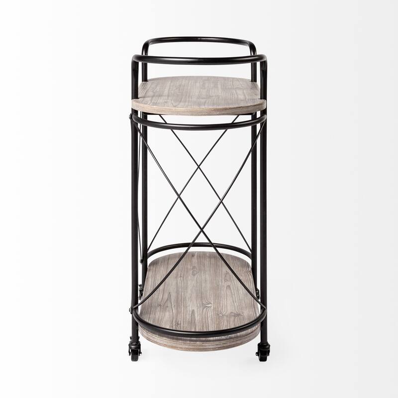 Cyclider Black Metal With Two Wooden Shelves Bar Cart - 34.6L x 15.4W x 34.3H