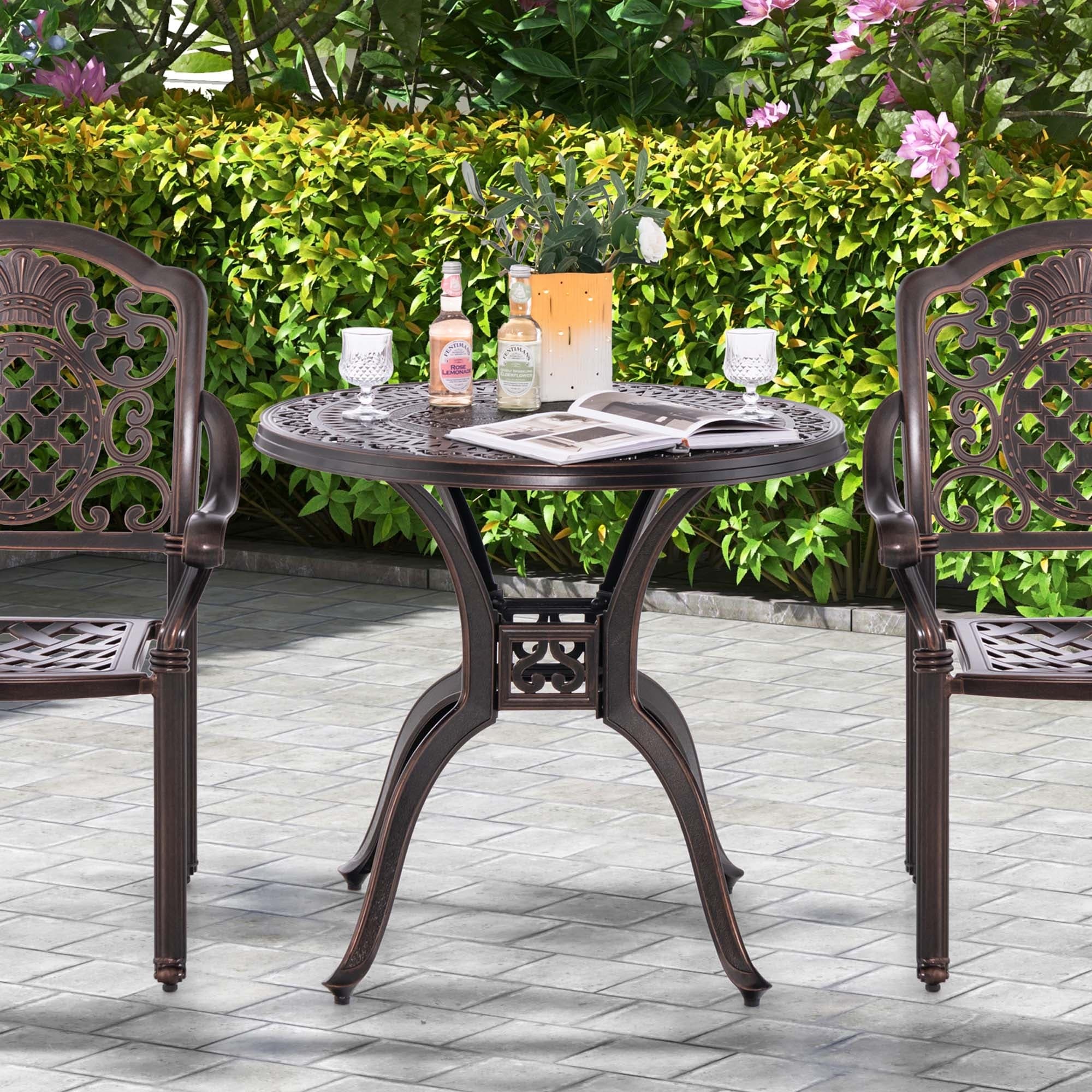 cast iron patio umbrella end table Clihome 48" Round Dining With Hole Realistic Wood Grain Top Large Aluminum Outdoor Side Table Durable Bistro Table : Patio, Lawn & Garden Give yourself someplace new to set down your drink during those balmy weekend afternoons spent with loved ones on your patio PHI VILLA Outdoor Square Metal