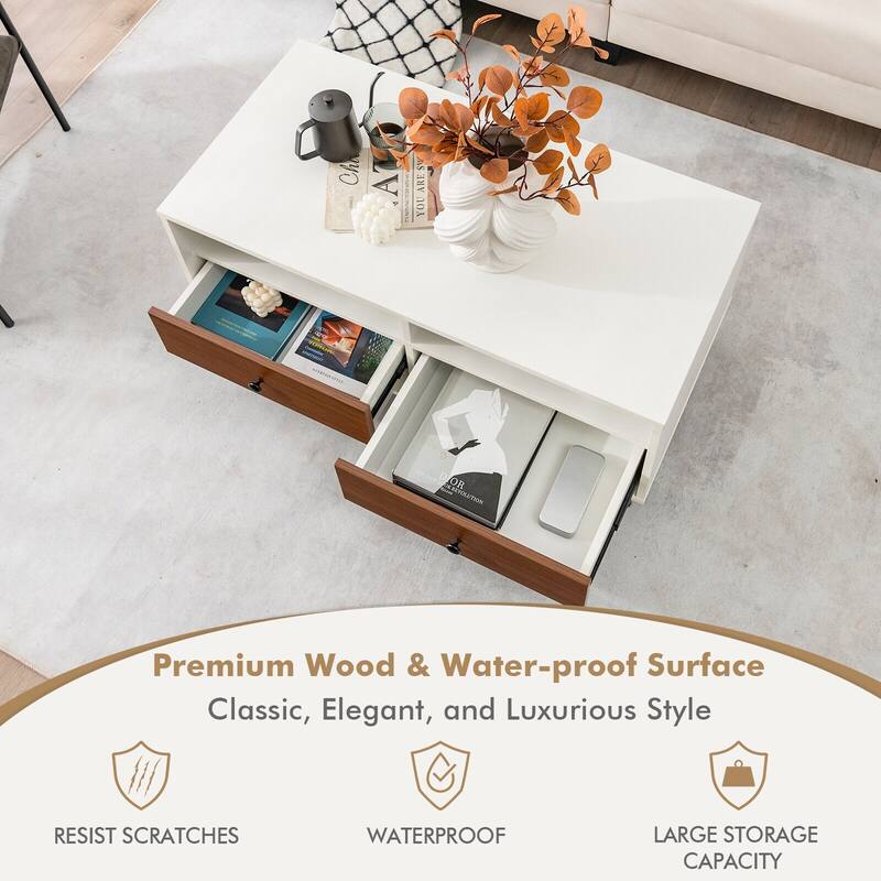 Gymax Coffee Table Modern Rectangle w/ Storage Shelf & Drawers Living