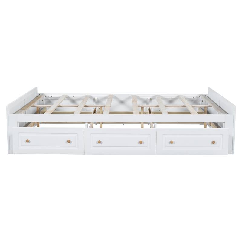 Queen Size Platform Bed Frame with 6 Storage Drawers, White