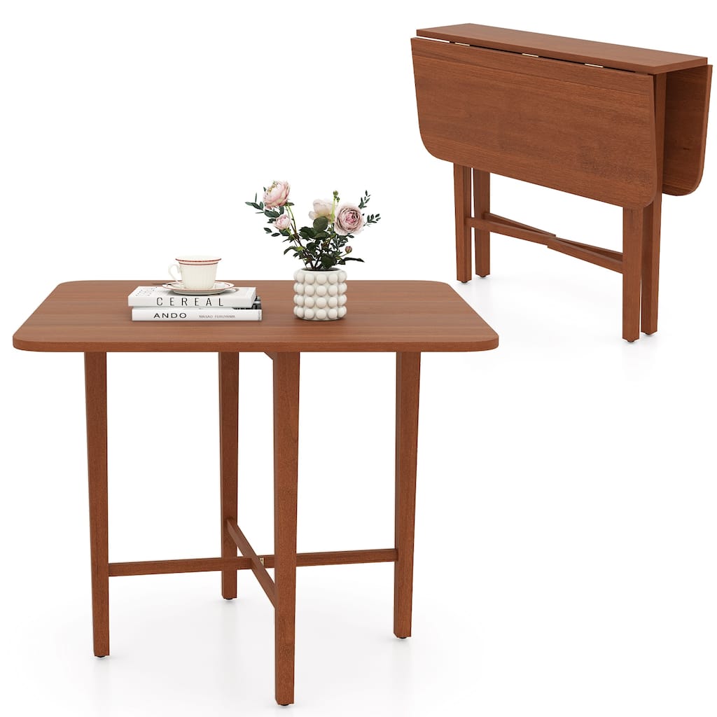 Foldable Dining Table with Drop Leaf Natural and Walnut Rubber Wood Convertible Kitchen Table for Small Spaces