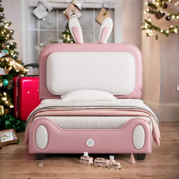 slide 2 of 7, Twin Rabbit-Shape Princess Bed, White+Pink White