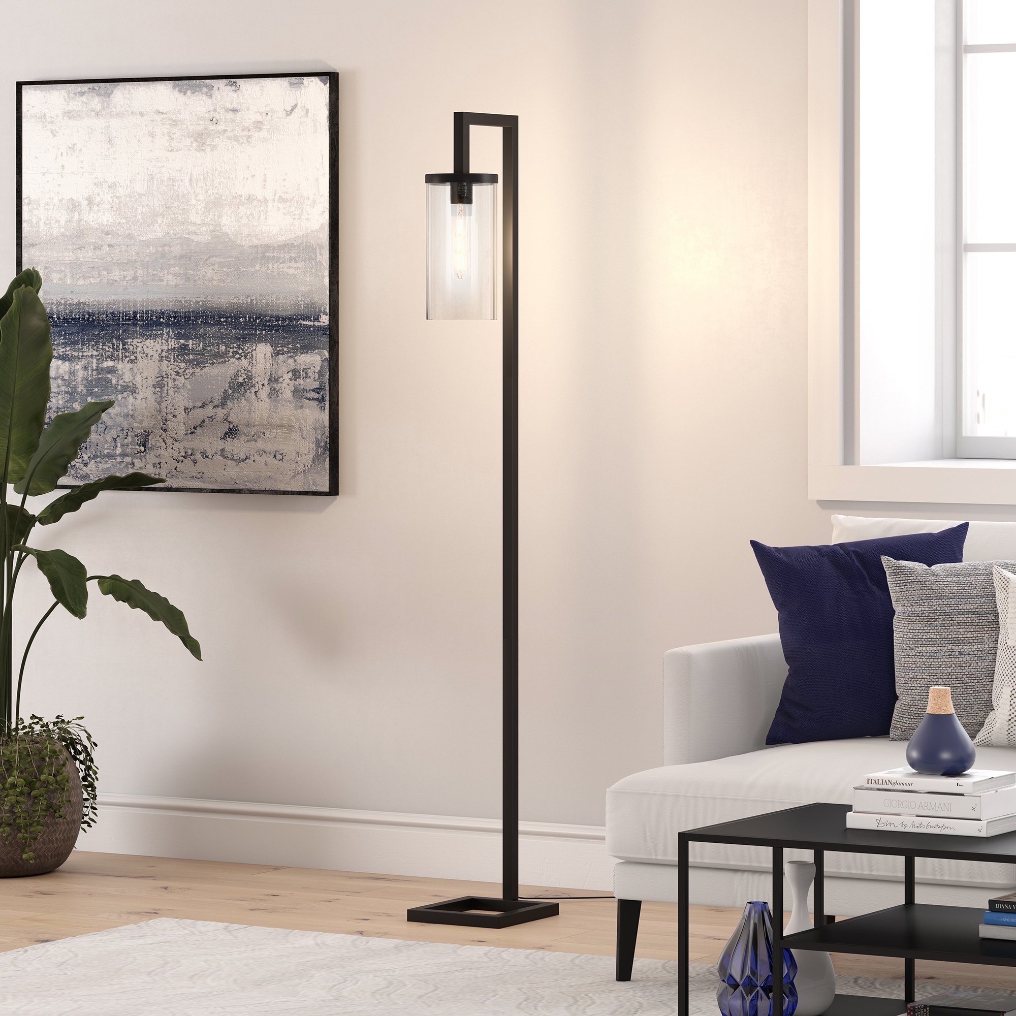 Matte black floor lamp online with seeded glass