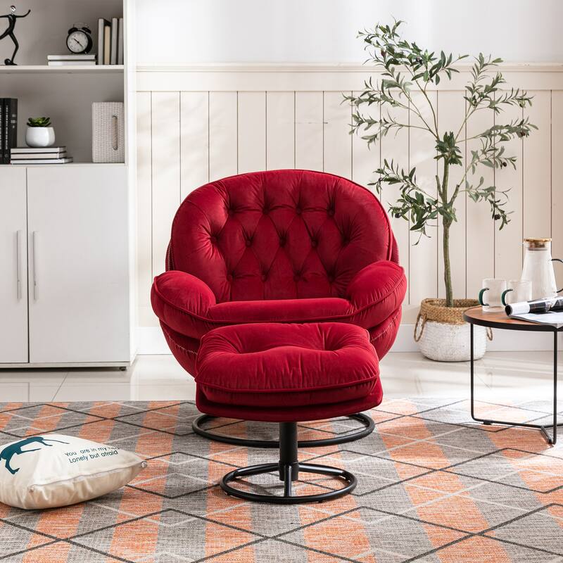Velvet Swivel Accent Chair with Ottoman & Metal Legs (360° Rotation)