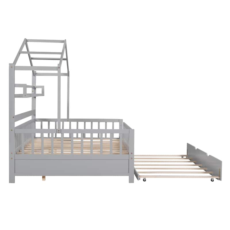 Full Size House Bed with Twin Trundle and Shelves, Kids Bed with Roof